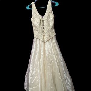 90s white and gold maxi prom dress